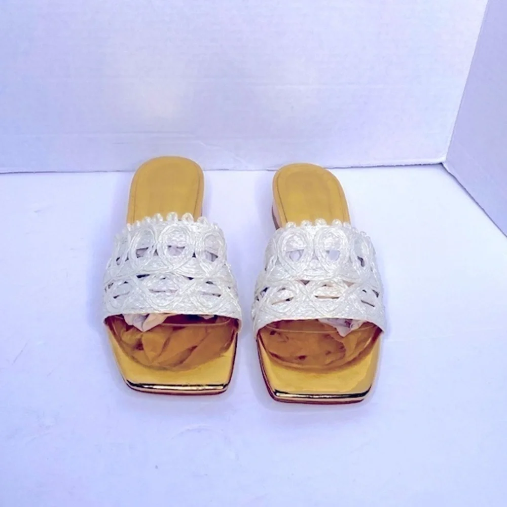THINGS II COME Women's Tavita Slide Wood Heel Straw Flat Sandals Size 8